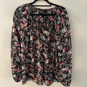 White House Black Market Black Floral Long Sleeve Peasant Blouse